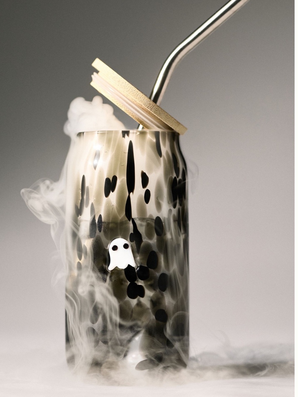 Anthropologie Icon Glass Mystic Confetti Glass Tumbler With Lid Ghost Halloween